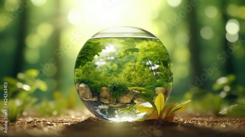 Transparent crystal sphere in a green forest filled with sunlight. Grass and trees are reflected in the glass globe. Protection of water resources concept. Environmental care. Earth Day. 3D rendering.