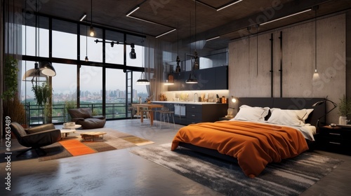 Luxury studio apartment with a free layout in a loft style in dark colors. Stylish modern kitchen, cozy bedroom area and living area, floor-to-ceiling window with stunning city view. 3D rendering.