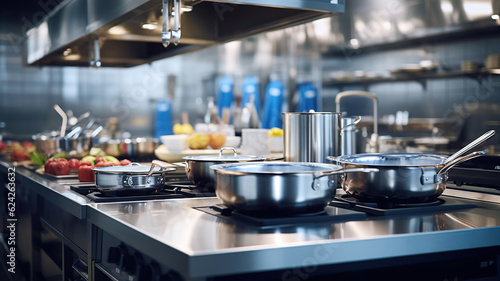 Cookware and Chef's Hat in a Clean and Bright Restaurant Kitchen