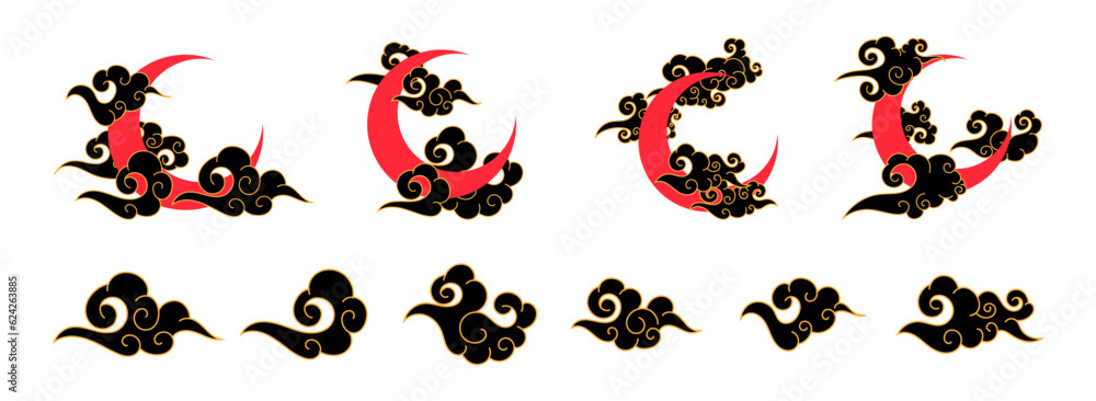 asian ornamental traditional cloud with red crescent moon asian ornamental traditional cloud with red crescent moon