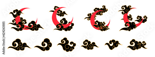 asian ornamental traditional cloud with red crescent moon