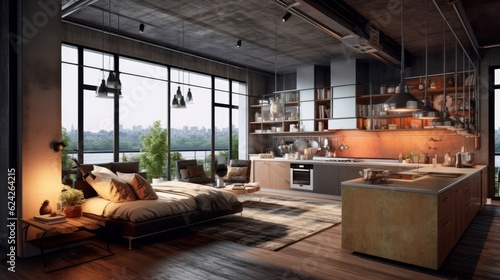 Luxury studio apartment with a free layout in a loft style in dark colors. Stylish modern kitchen area with island, cozy bedroom area, floor-to-ceiling window with stunning city view. 3D rendering. © Georgii