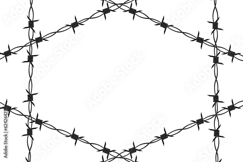 Frame with barbed wire. Isolated steel barbed wire on white background. Rows of sharp rusty barbwire. Monochromatic poster template. Place for text.