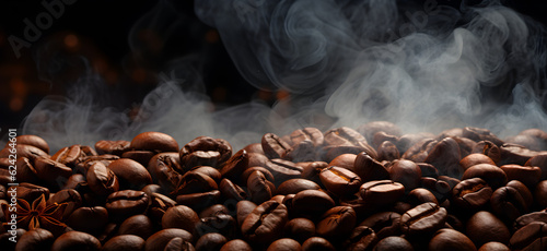 Roasted coffee beans with smoke background Generative AI