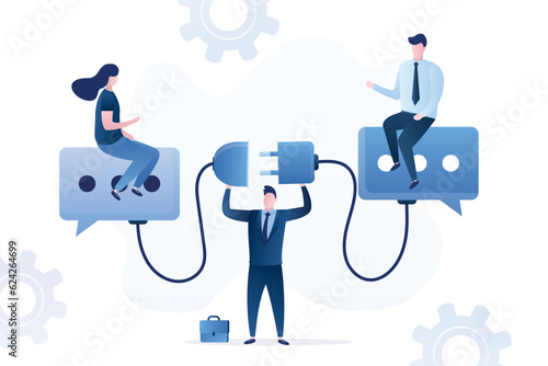 Support for successful negotiations, assistance in finding solution. Communicate to solve problem, discussion or meeting. Smart businessman help connect plug