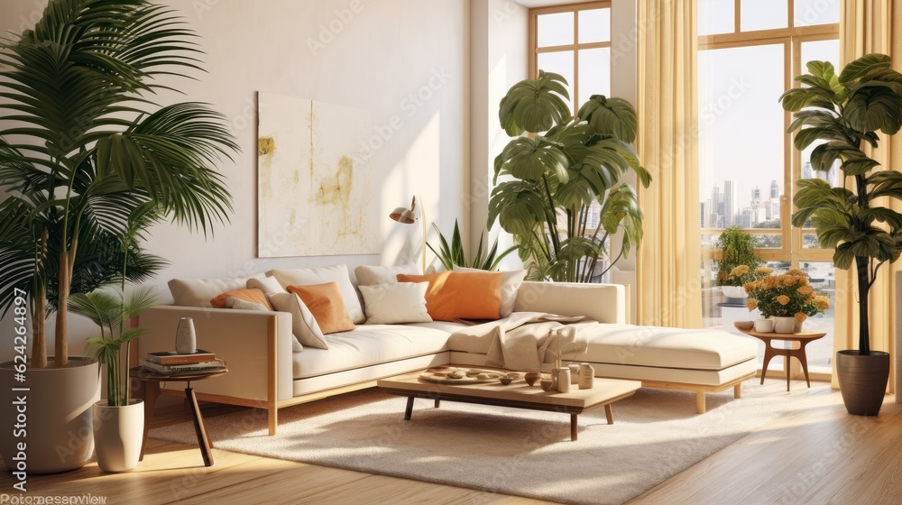 Fototapeta premium Cozy elegant boho style living room interior in natural colors. Comfortable couch with cushions and plaid, many houseplants, wooden coffee table, painting on the wall, home decor. 3D rendering.