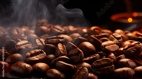 Roasted coffee beans with smoke background Generative AI