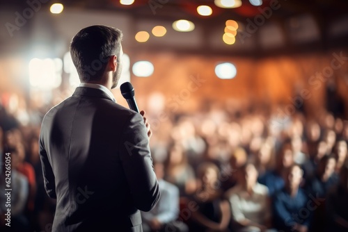 Back view of motivational speaker standing on stage in front of audience for motivation speech on conference or business event.