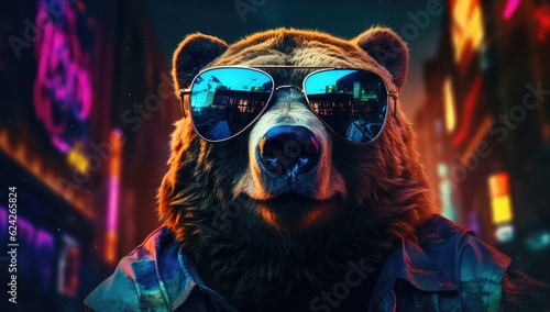 Friendly and charismatic bear character, animal influencer, animals banner. 