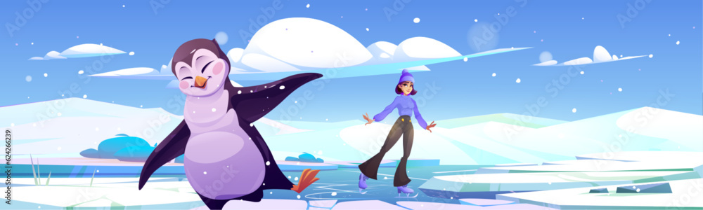 Obraz premium Girl ice skating and dancing penguin vector landscape. North Pole glacier scene with crack land illustration. freeze snowy scenery design with hole in floor. Cold northern background with crash land