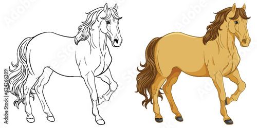 Set of horse and its doodle outline