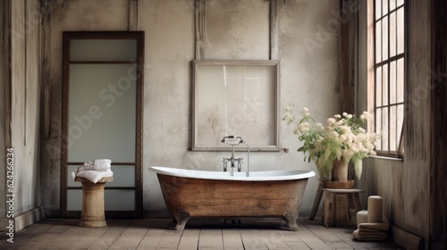 Interior design of Bathroom in Farmhouse style with Clawfoot Tub decorated with Subway Tile  Wicker Basket material. Farmhouse architecture.