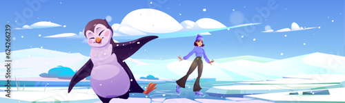 Girl ice skating and dancing penguin vector landscape. North Pole glacier scene with crack land illustration. freeze snowy scenery design with hole in floor. Cold northern background with crash land