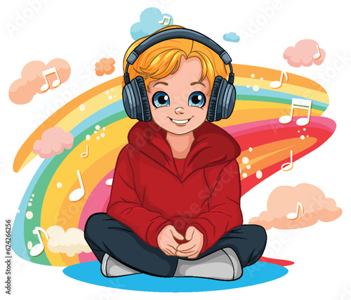 Boy sitting on the floor listening to music with headset