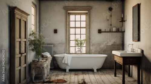 Interior design of Bathroom in Farmhouse style with Clawfoot Tub decorated with Subway Tile  Wicker Basket material. Farmhouse architecture.