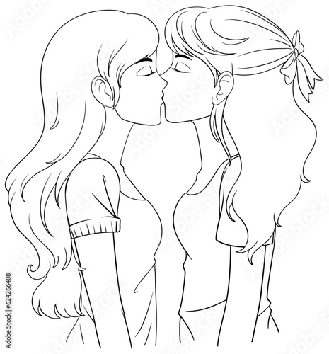 Lesbian couple cartoon kissing outline doodle