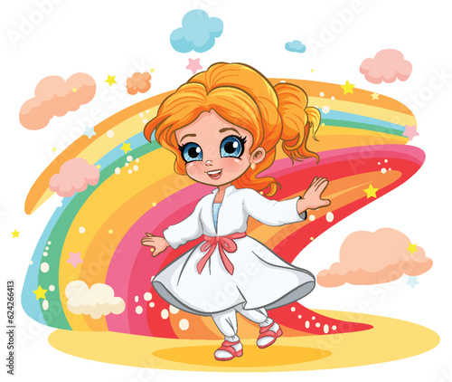 Cute girl wearing dress on rainbow background