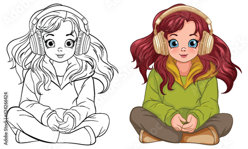 Female youth wearing headset listening to music and sitting on the floor dood...