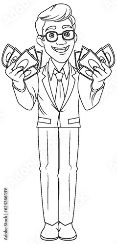 Youth business man holding money doodle outline