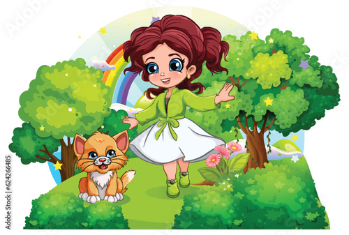 A girl playing with her cat in the park