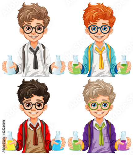 Male student cartoon holding conical flask on science class experiment