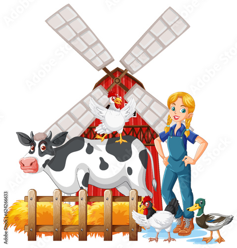 Farm girl cartoon with farm animal