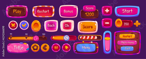 Candy ui game app interface and button frame glossy icon set. Pink jelly and lollipop play design with loading, close, window, panel, slider, arrow and circle beautiful fantasy cute item collection.