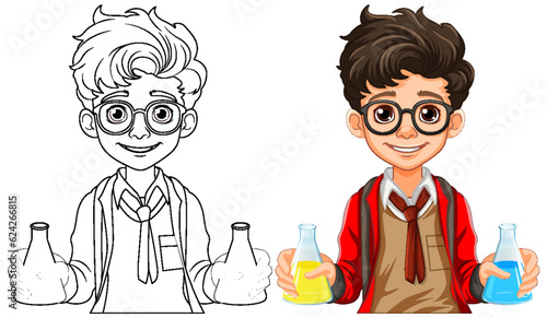 Male student cartoon holding conical flask on science class experiment