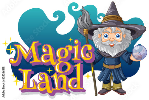 Font design for word magic land with wizard cartoon character