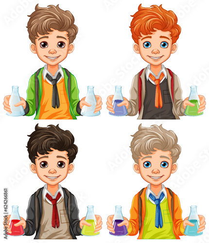 Male student cartoon holding conical flask on science class experiment