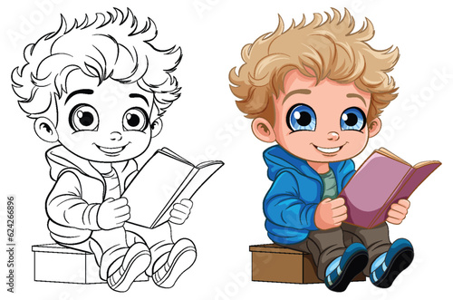 Cute Boy Reading Book Outline for Colouring