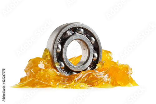 Grease and ball bearing isolated on white background with clipping path, lithium machinery lubrication for automotive and industrial.