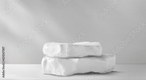 White stone podium platform for product display 3d background. Two marble realistic vector illustration. Studio interior table scene with double cosmetic stand near grey wall mock up template.