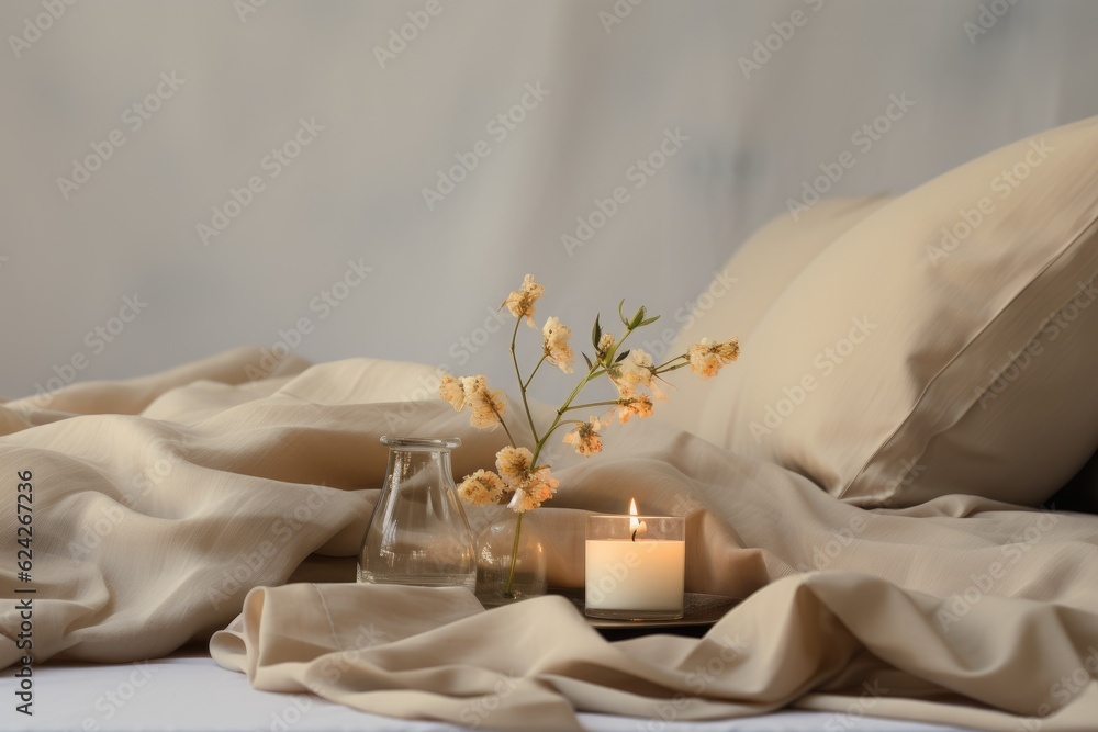 A scented candle on a white table with vases on a modern minimalist background. A scented candle on a white table with vases on a modern minimalist background.