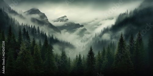 Photo realistic illustration of mountains forest fog morning mystic. © radekcho