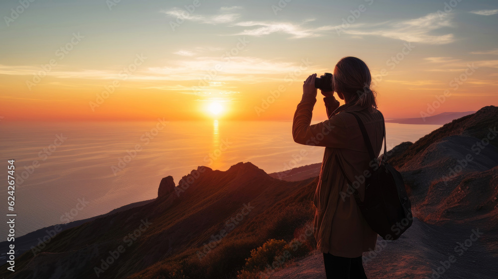 Female traveler photographing ocean sunset