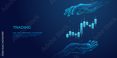 Abstract Human Hand Holding Candlestick. Stock Market and Investment Concept. Protection of Graph Chart on Technological Blue Background. Low Poly Wireframe Vector Illustration with 3D Effect.