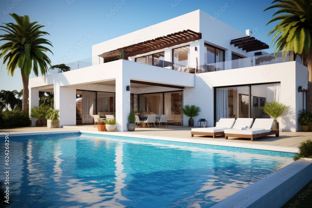 Exterior of modern minimalist cubic villa with swimming pool at sunset. Exterior of modern minimalist cubic villa with swimming pool at sunset.