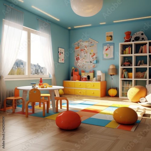 Kindergarten, game room. colorful, toy. childrenn play game. Generative ai photo