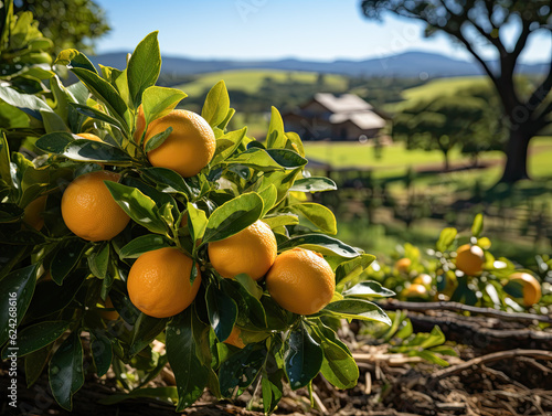 With a farm field in the distance, an orange tree takes center stage in the foreground. photo