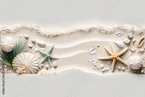 Nature's Treasures Unveiled: Seashells and Starfish Adorn the Glistening Sands of a Tranquil Beach, Illuminated by the Radiant Sunlight created with Generative AI technology