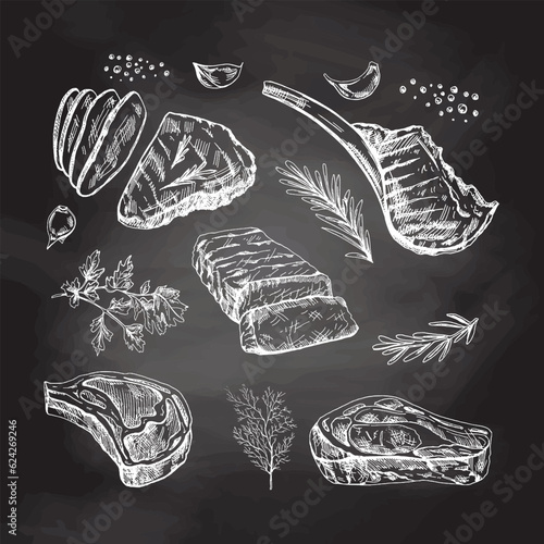 A set of hand-drawn sketches of barbecue meat pieces with herbs and seasonings on chalkboard background. For the design of the menu of restaurants and cafes, steaks.