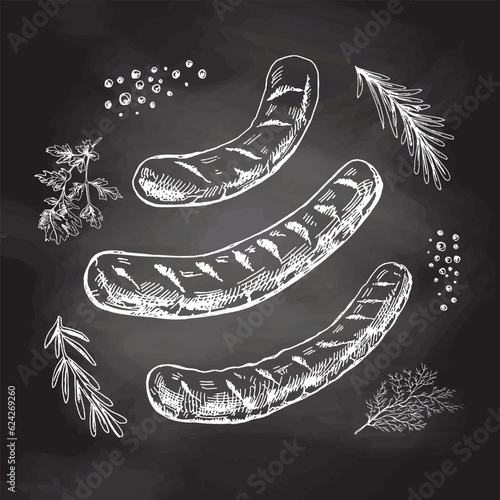 A set of hand-drawn sketches of barbecue sausages with herbs and seasonings on chalkboard background. For the design of the menu of restaurants and cafes, grilled sausages. 