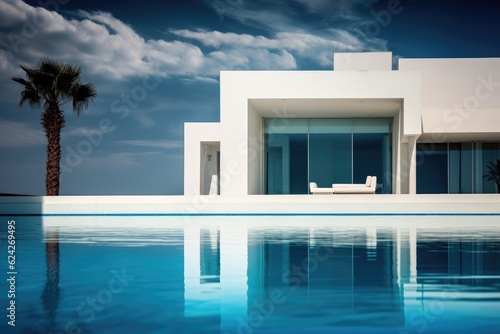 Exterior of modern minimalist cubic villa with swimming pool at sunset. © radekcho
