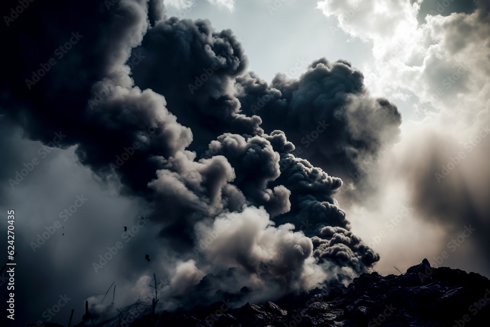 Ravaged Landscape: The Harrowing Beauty of a Black Smoke-Enveloped Scene created with Generative AI technology