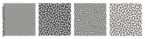 Vector set of geometric optical illusion seamless patterns. Memphis style backdrops with simple shapes. Black and white colors. Monochrome retro web backgrounds fabric, wrapping paper designs