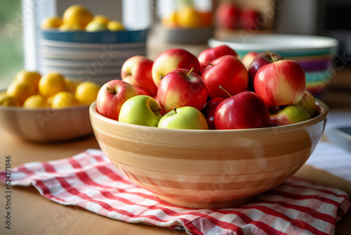 A bowl full of apples on a wooden kitchen counter. Nicely lit scene, boho style surroundings with accessories around