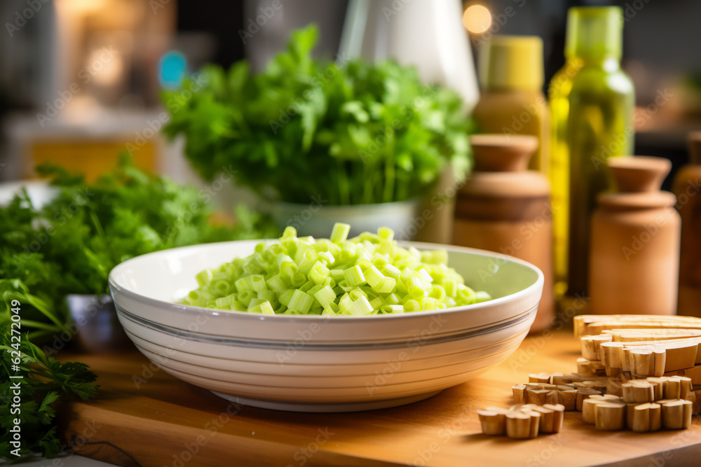 A bowl full of celery on a wooden kitchen counter. Nicely lit scene, boho style surroundings with accessories around A bowl full of celery on a wooden kitchen counter. Nicely lit scene, boho style surroundings with accessories around
