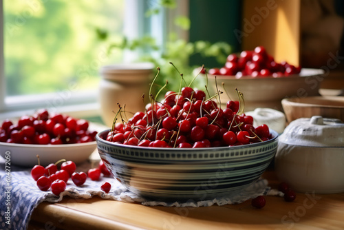 A bowl full of cherry on a wooden kitchen counter. Nicely lit scene  boho style surroundings with accessories around