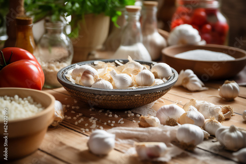 A bowl full of garlic on a wooden kitchen counter. Nicely lit scene, boho style surroundings with accessories around